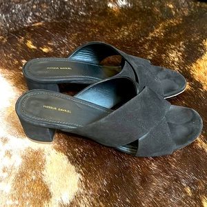 Mansur Gavriel black suede slip on heeled sandal. Sz. 38